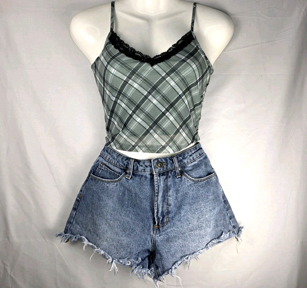 Hollister Women’s Crop Plaid Top Light Green Y2K XS